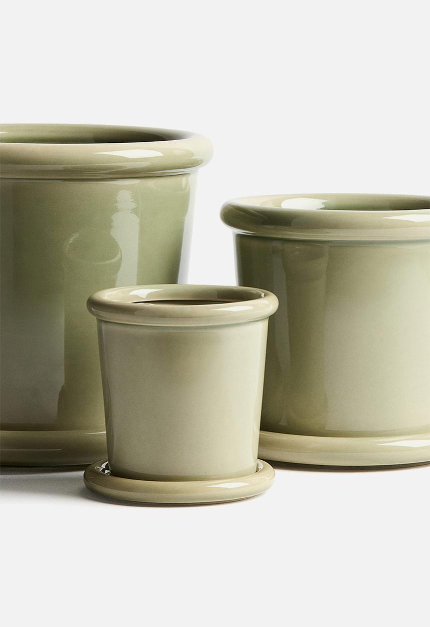 H&M - Stoneware plant pot with saucer - light green