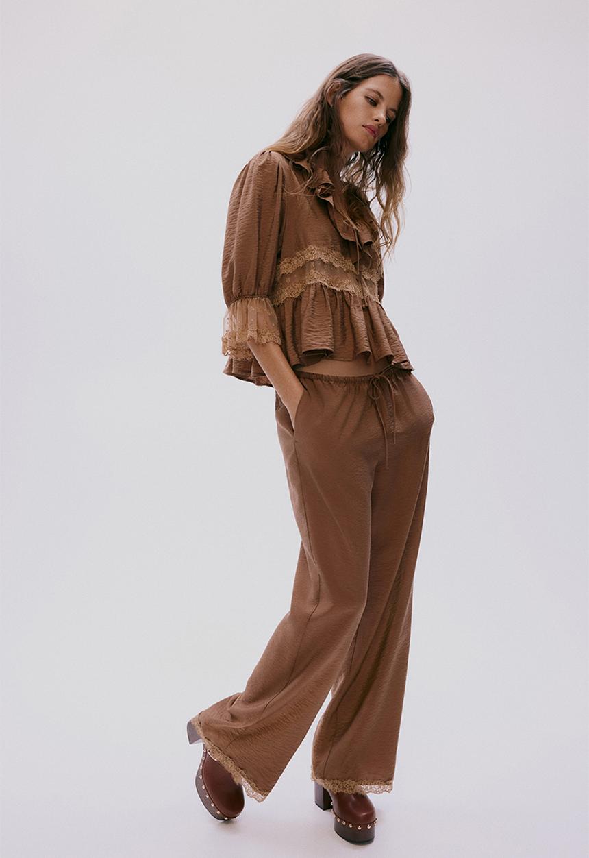 H&M - Lace-trimmed drawstring trousers - brown