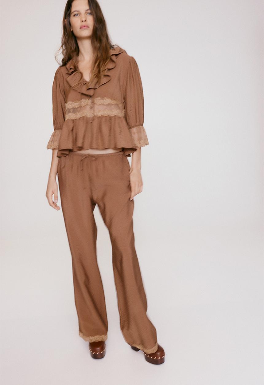 H&M - Lace-trimmed drawstring trousers - brown