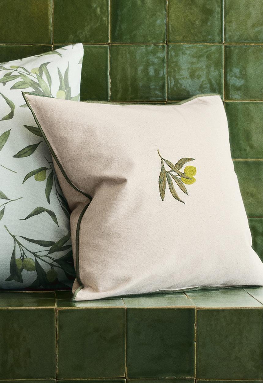 H&M - Embroidery-motif cotton cushion cover - light beige/olives