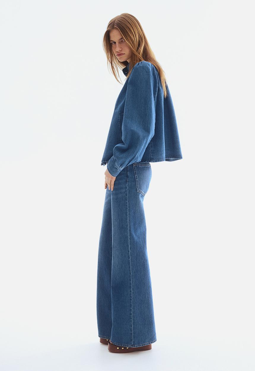 H&M - Puff-sleeved twill jacket - denim blue