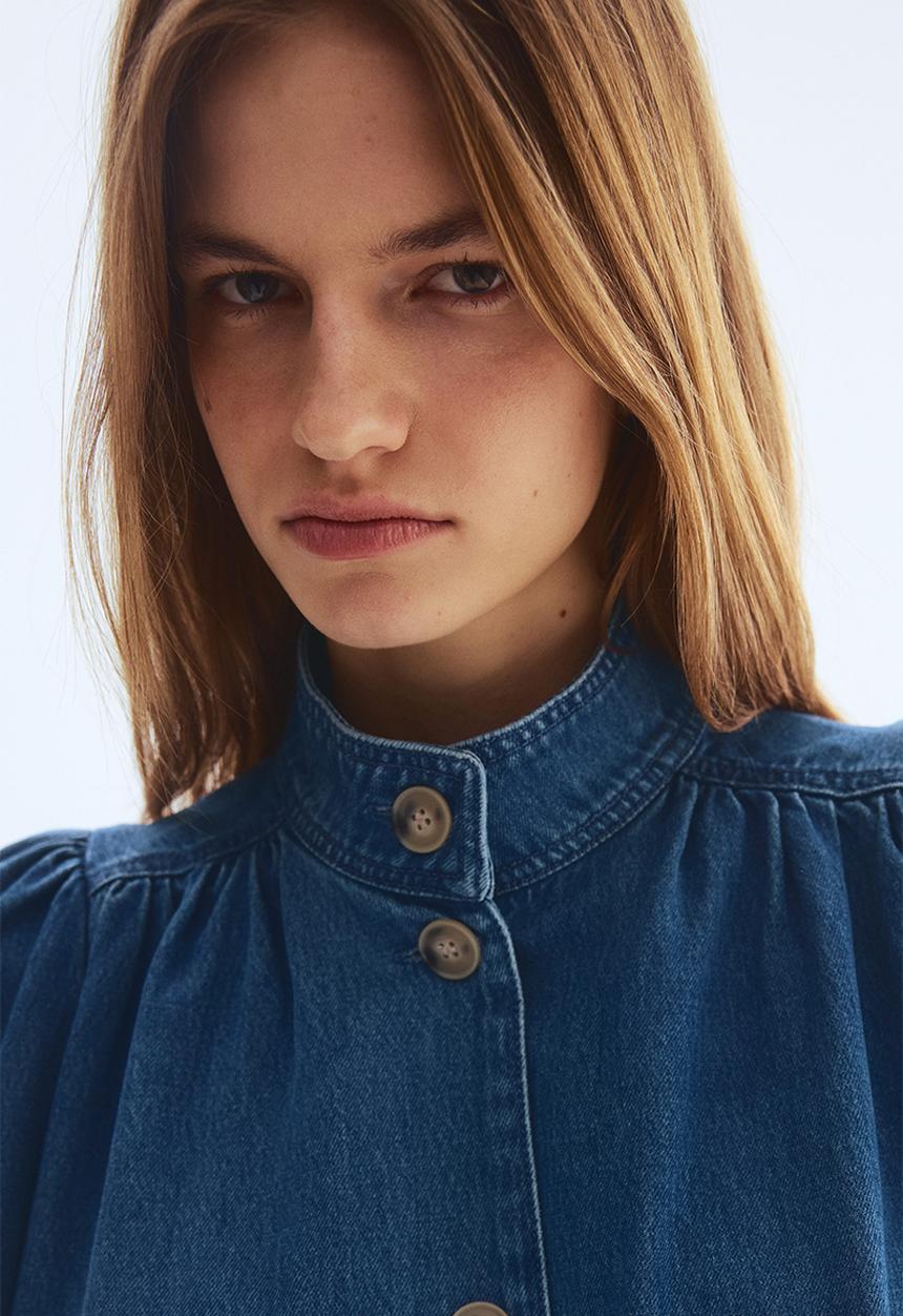 H&M - Puff-sleeved twill jacket - denim blue