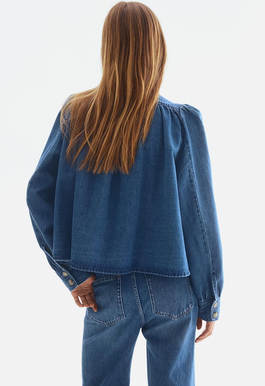 H&M - Puff-sleeved twill jacket - denim blue