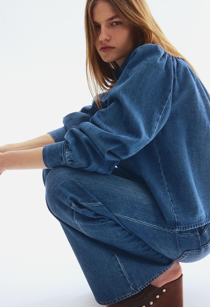 H&M - Puff-sleeved twill jacket - denim blue