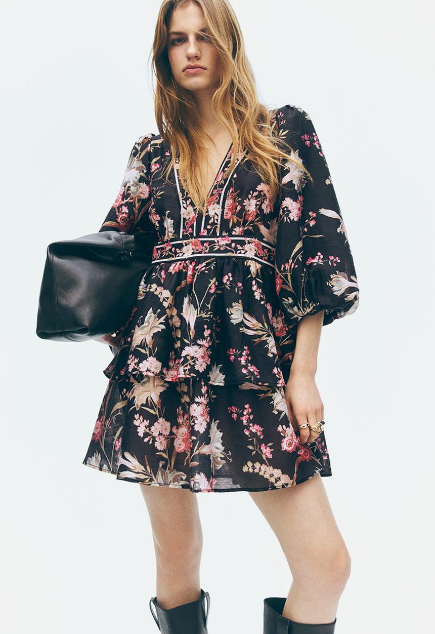 H&M - Linen-blend dress - black/floral
