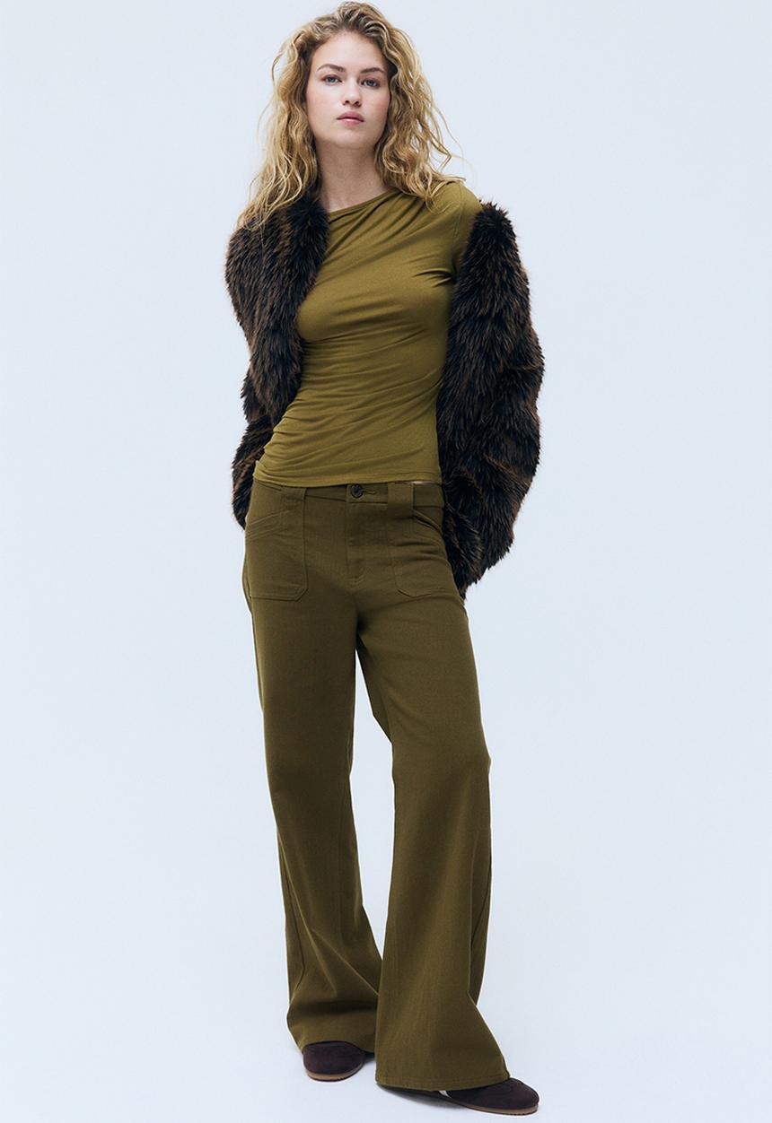 H&M - Wide twill trousers - khaki green