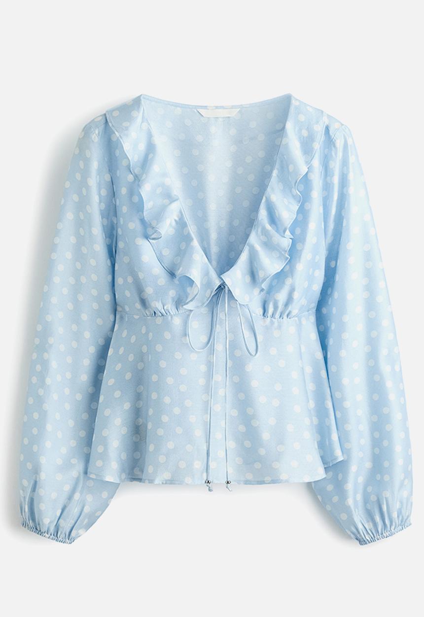 H&M - Flounce-trimmed blouse - light blue/polka dot