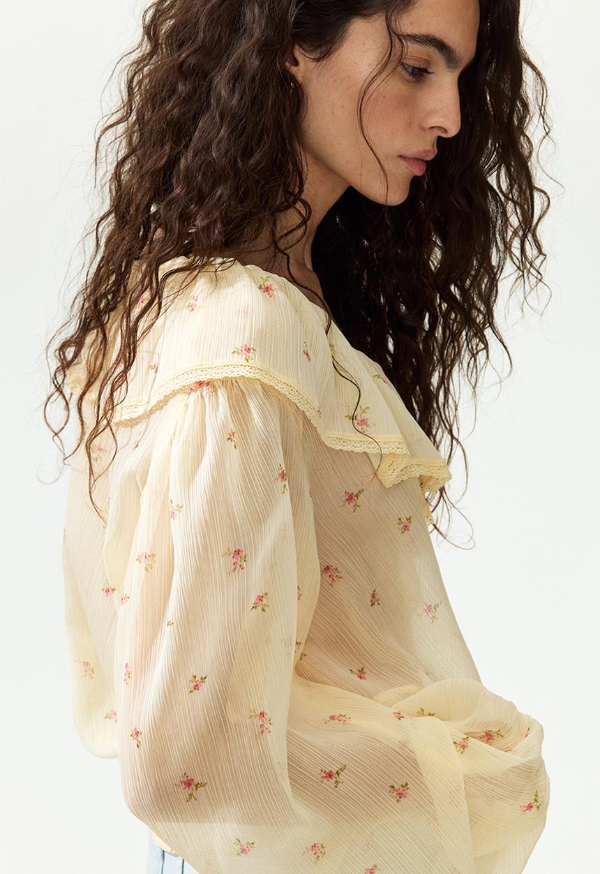 H&M - Crinkled chiffon blouse - light yellow/floral