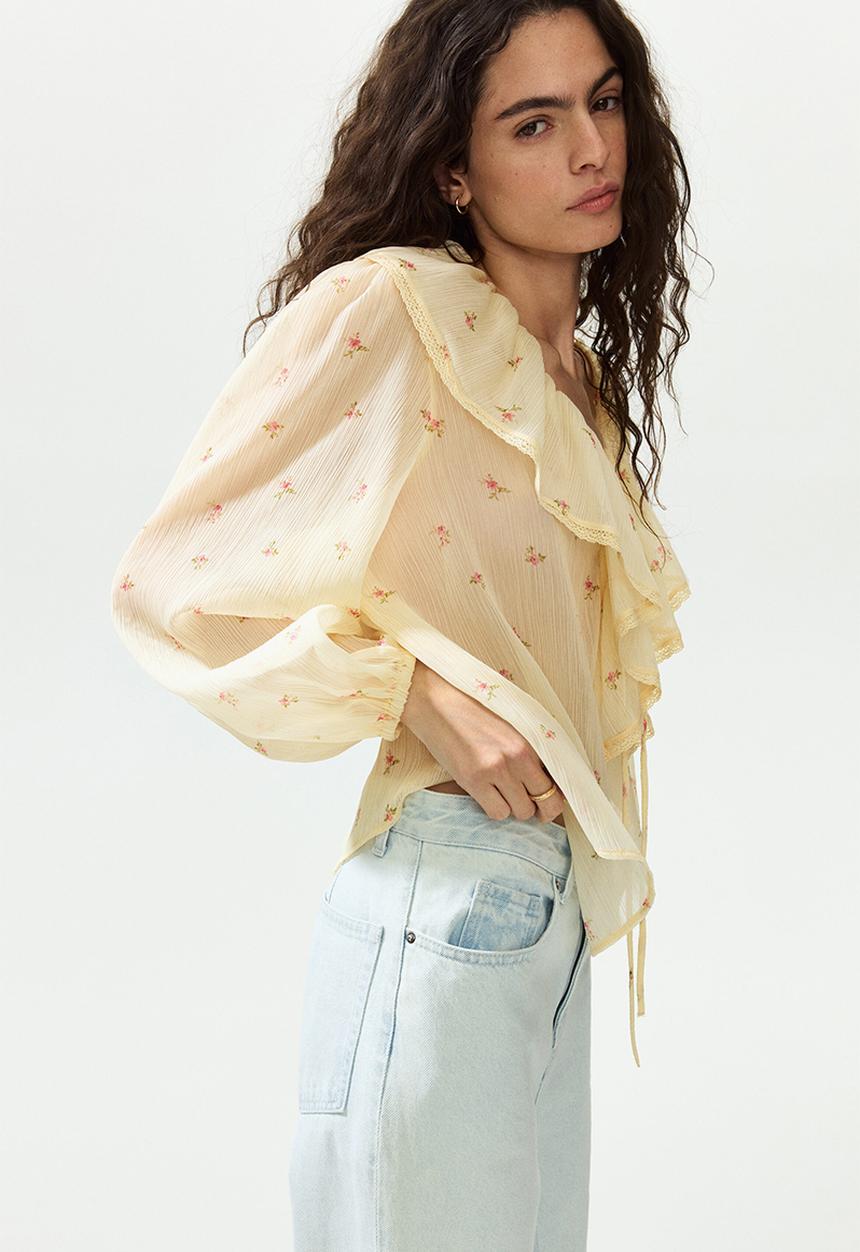 H&M - Crinkled chiffon blouse - light yellow/floral