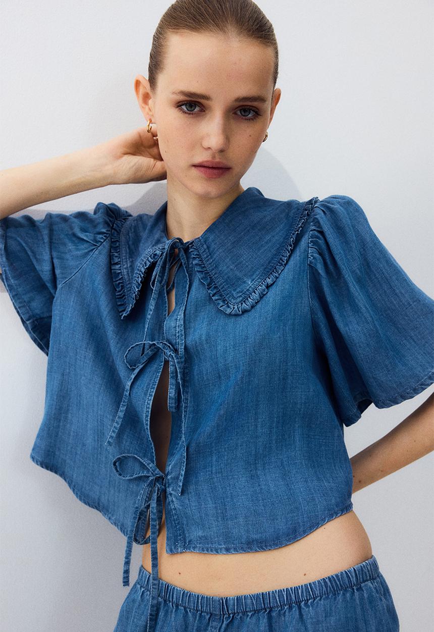 H&M - Tie-front denim blouse - denim blue