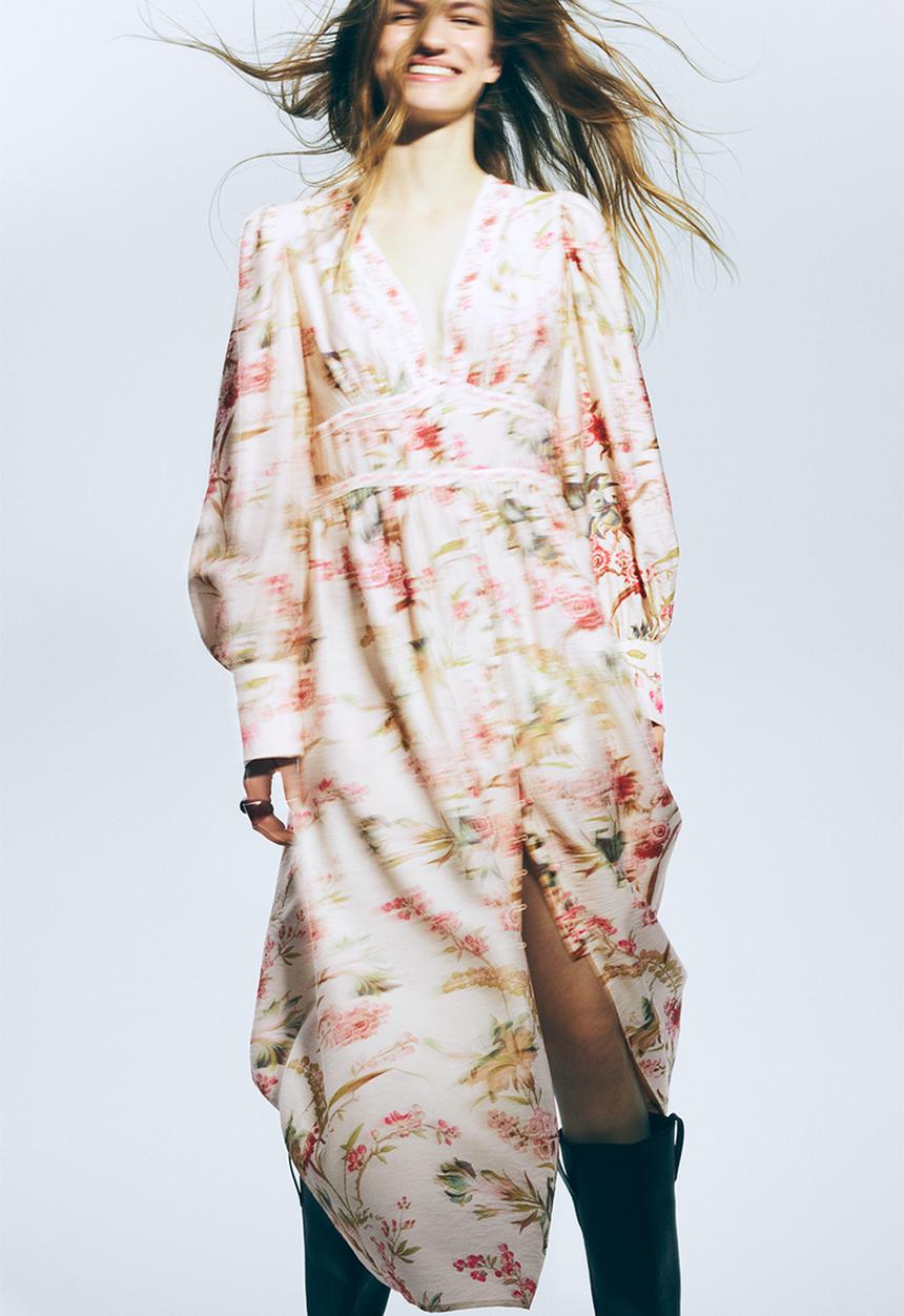 H&M - Button-front viscose-blend dress - light beige/floral