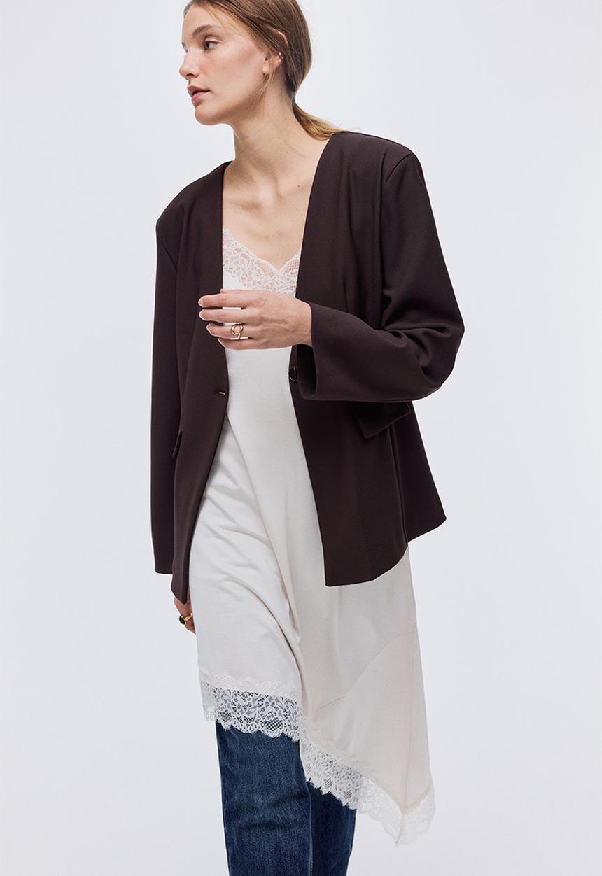 H&M - Collarless jersey blazer - dark brown