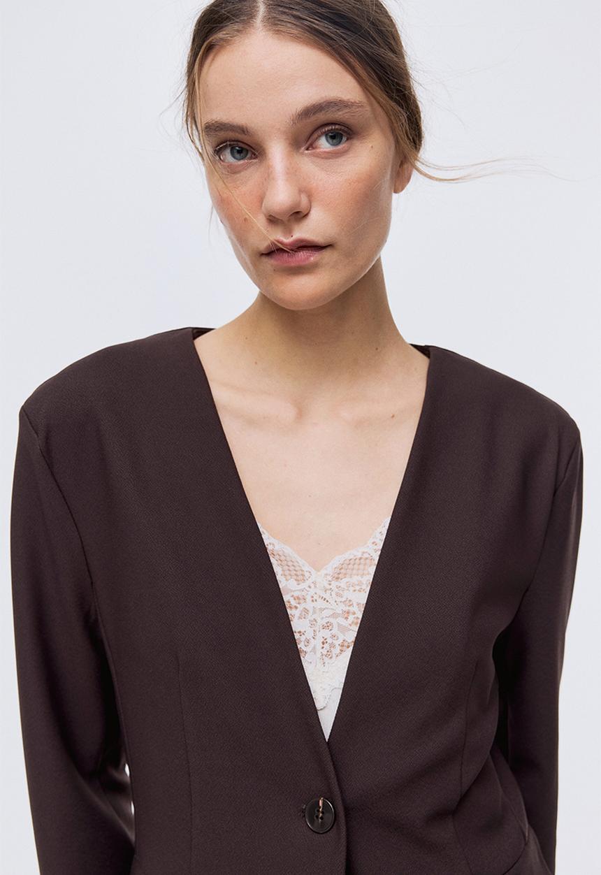 H&M - Collarless jersey blazer - dark brown