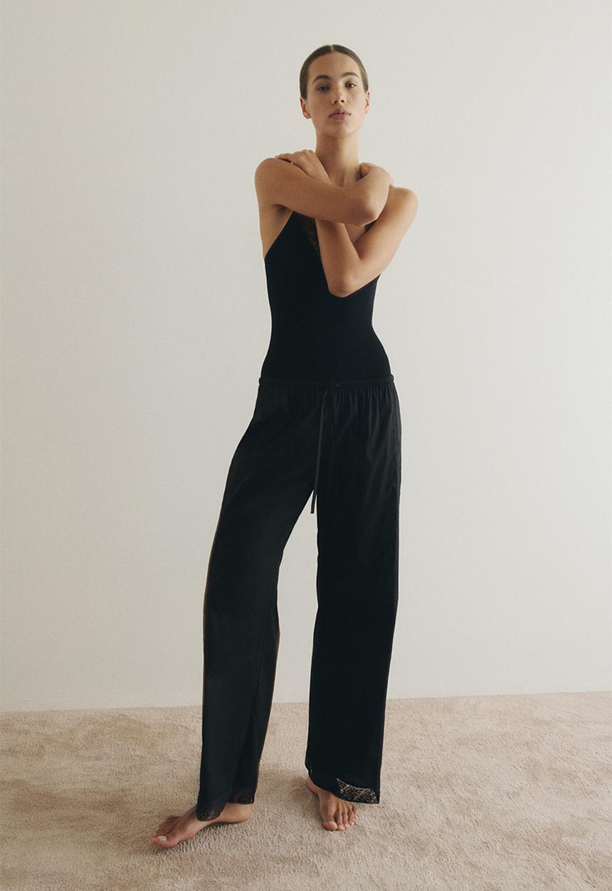 H&M - Lace-trimmed drawstring trousers - black
