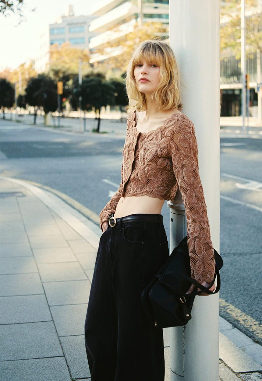 H&M - Cropped crochet-look top - dark beige