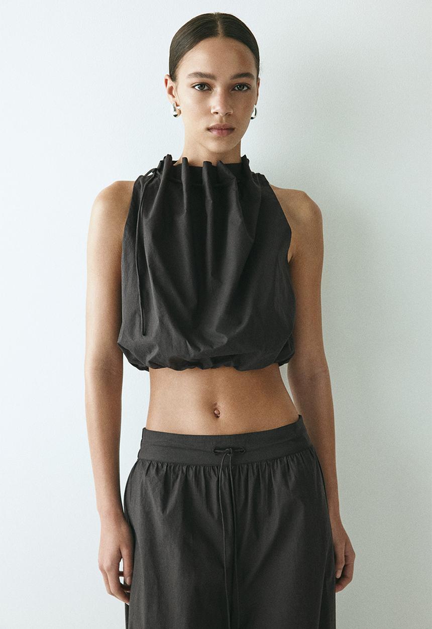 H&M - Drawstring-detail poplin top - dark grey