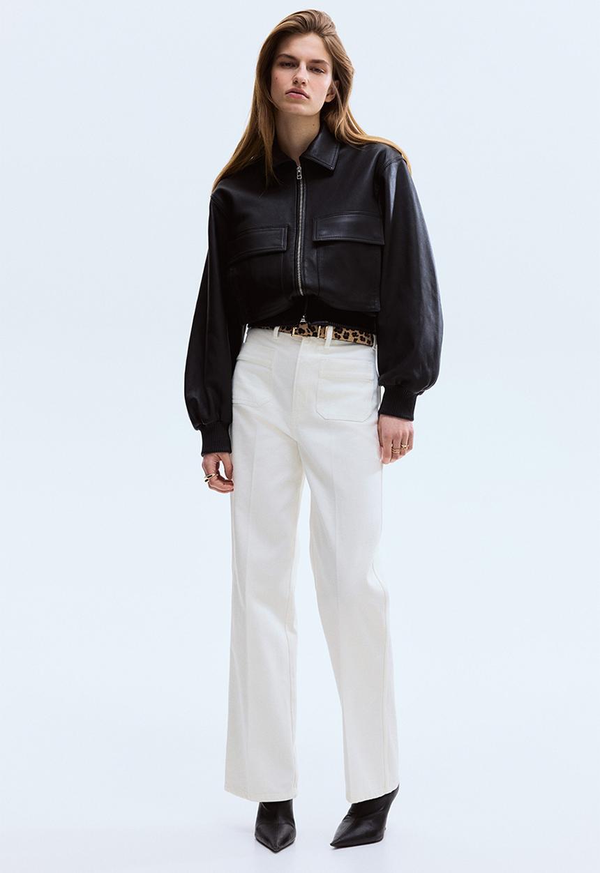 H&M - Straight leg high waist jeans - white/leopard print