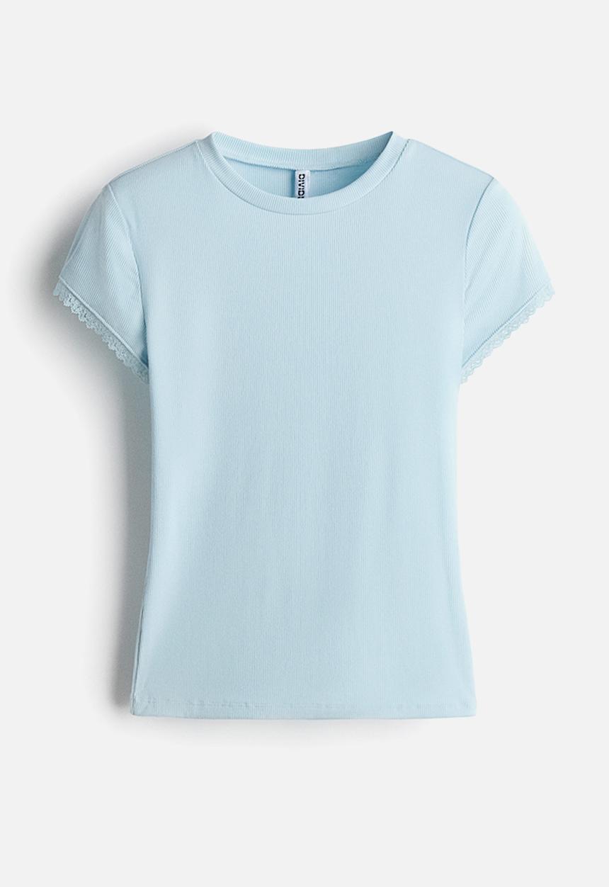 H&M - Lace-trimmed viscose T-shirt - light blue