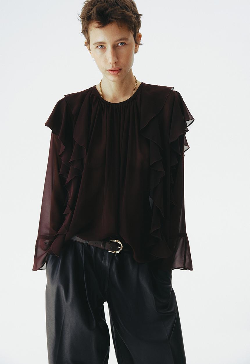 H&M - Sheer flounce-trimmed blouse - dark brown