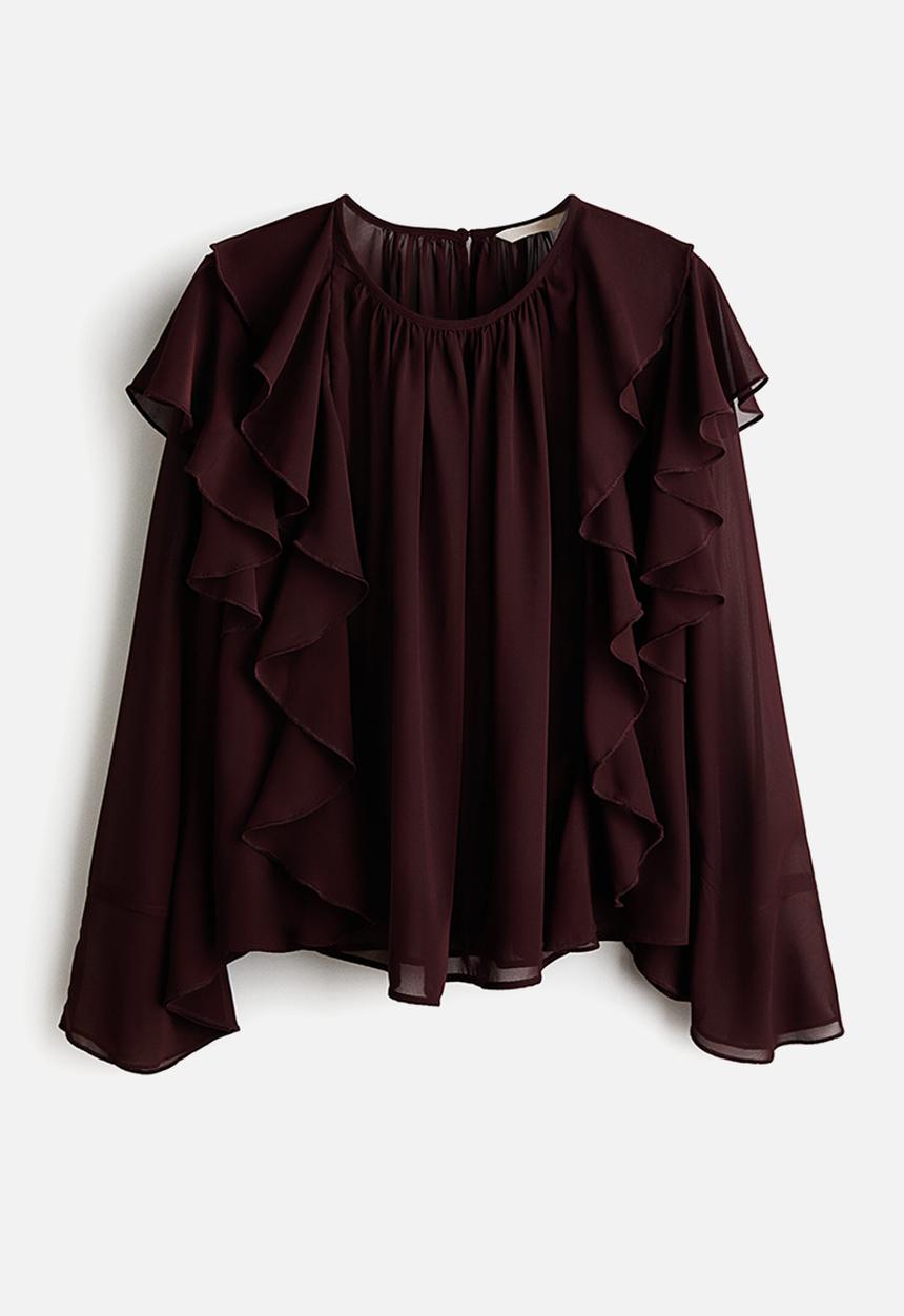 H&M - Sheer flounce-trimmed blouse - dark brown