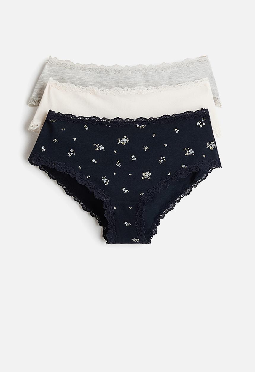 H&M - 3-pack lace-trimmed hipster briefs - cream/navy blue/floral
