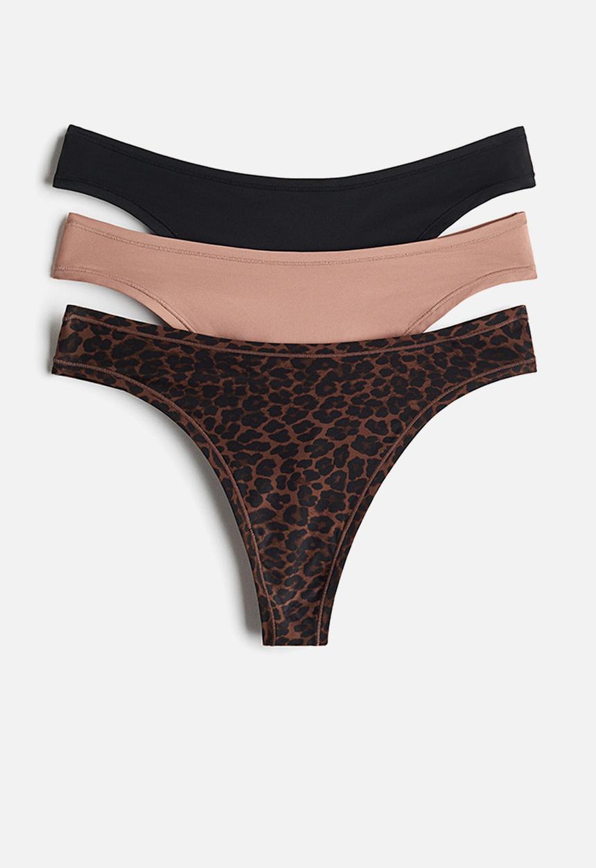 H&M - 3-pack microfibre thong briefs - brown/leopard print