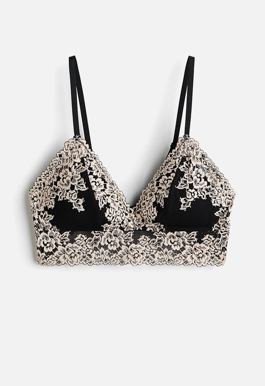 H&M - Padded soft lace bra - black/cream