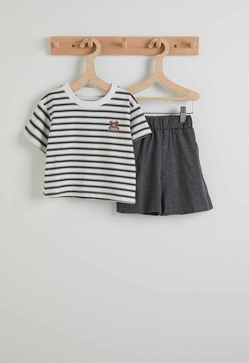 Pop Candy - Crew neck tee & shorts - black stripes & grey
