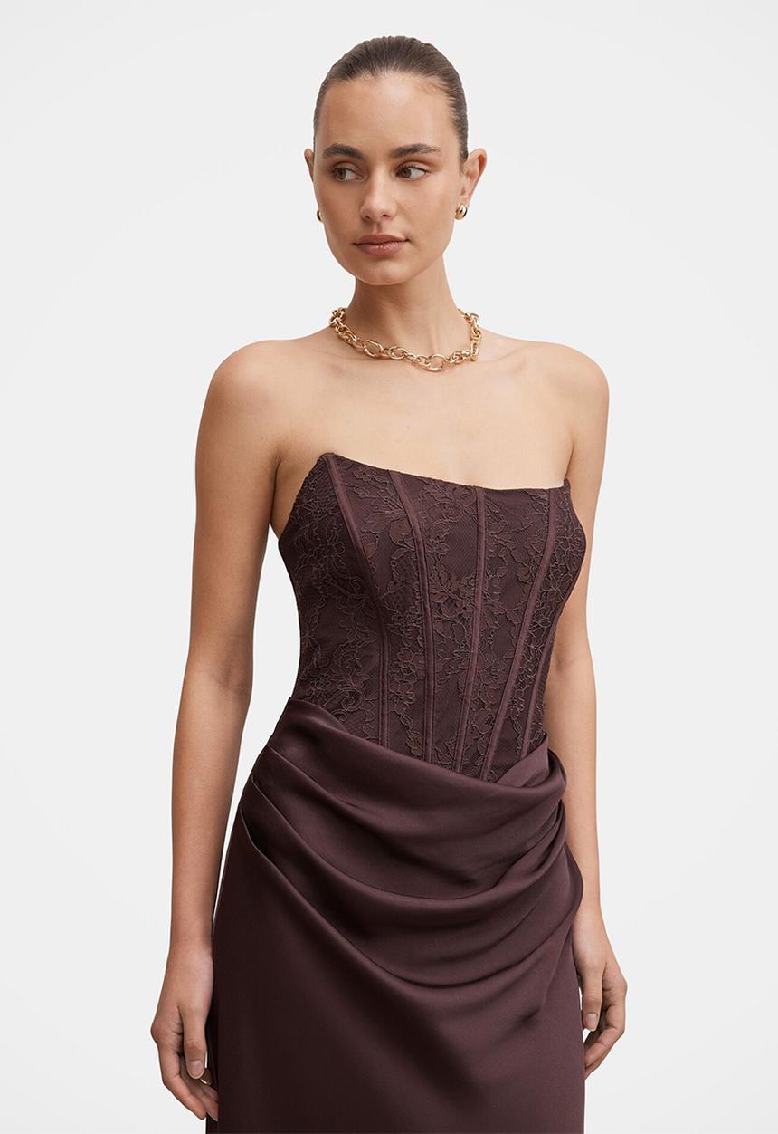 Forever New - Ivy lace corset drape maxi dress in dark chocolate
