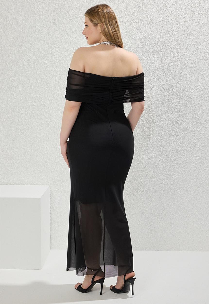 Trendyol - Plus carmen collar tulle knitted dress - black
