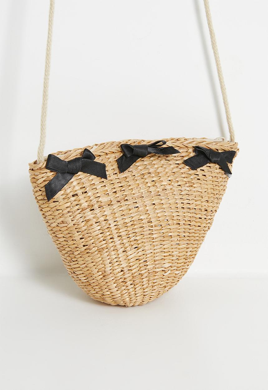 Pop Candy - Bow adorned straw bag - neutral/black