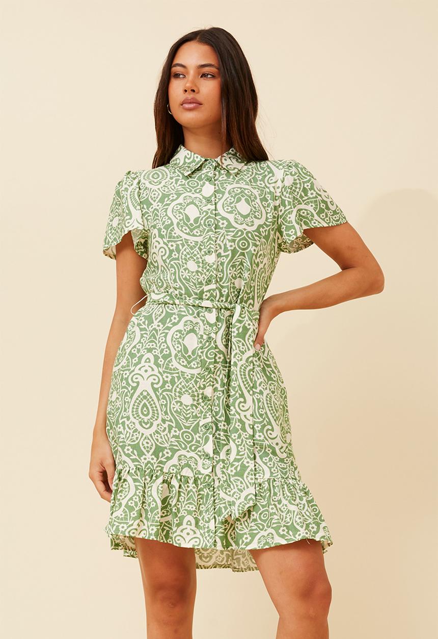 MANDI - Cap Sleeve Button Through Midi Dress With Flutter At Hem - Green