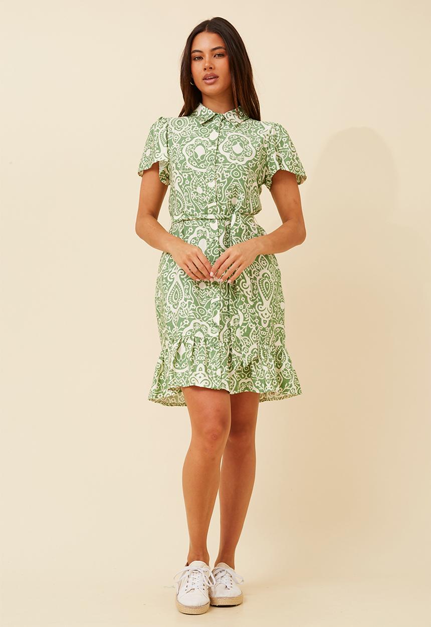 MANDI - Cap Sleeve Button Through Midi Dress With Flutter At Hem - Green