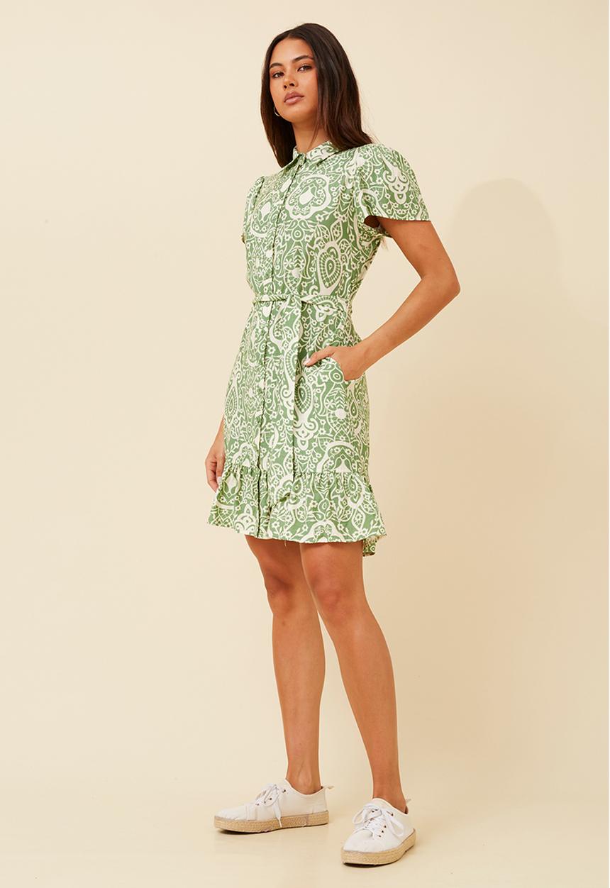 MANDI - Cap Sleeve Button Through Midi Dress With Flutter At Hem - Green