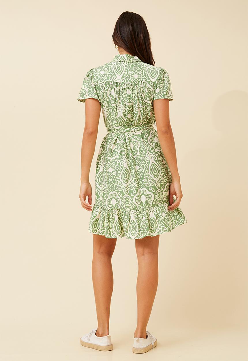 MANDI - Cap Sleeve Button Through Midi Dress With Flutter At Hem - Green
