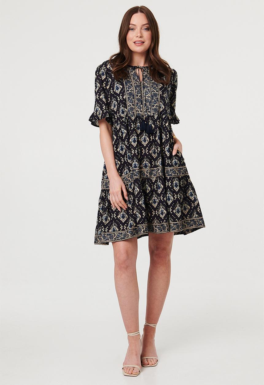 MANDI - Half Sleeve A-Line Midi Dress With Neck Tie Border Print - Navy