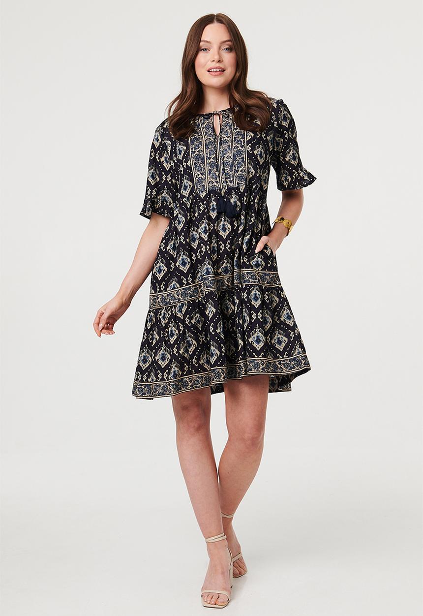 MANDI - Half Sleeve A-Line Midi Dress With Neck Tie Border Print - Navy
