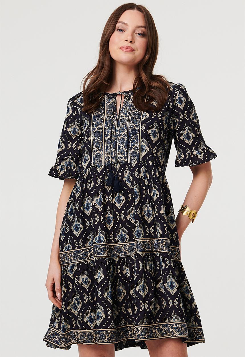 MANDI - Half Sleeve A-Line Midi Dress With Neck Tie Border Print - Navy