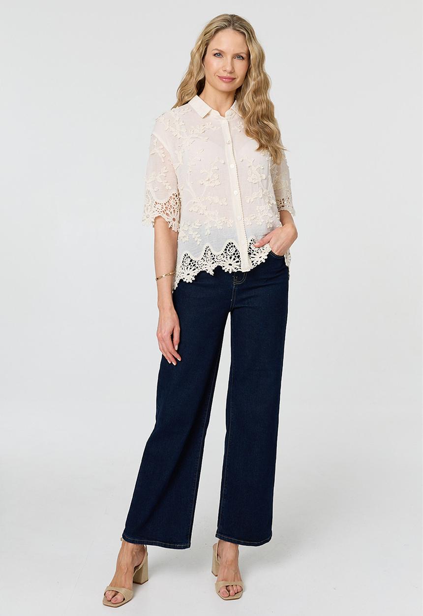 MANDI - S/S Button Throuygh Easy Weasring Boxy Shirt Top With Lace At Hem - Cream