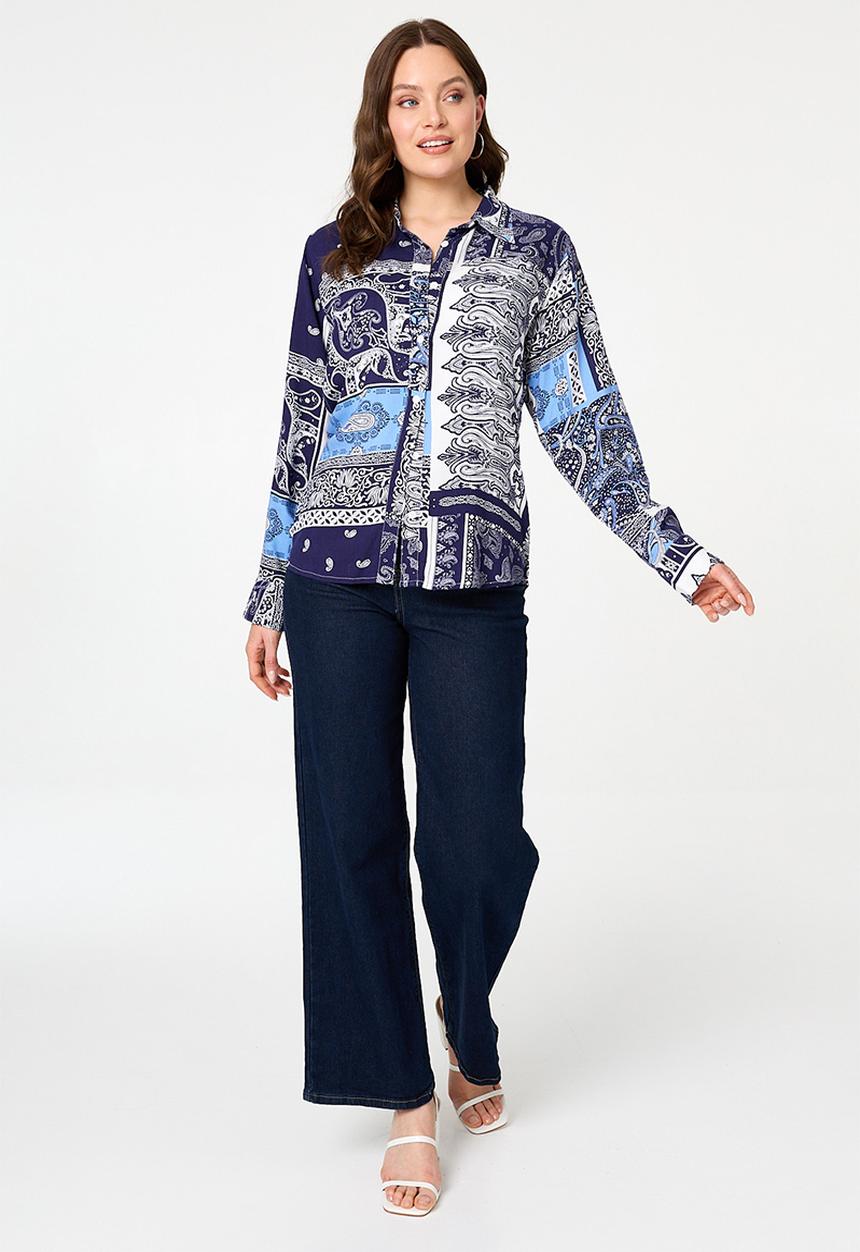 Izabel London - L/S Button Through With Collar Hankerchief Print Top - Navy