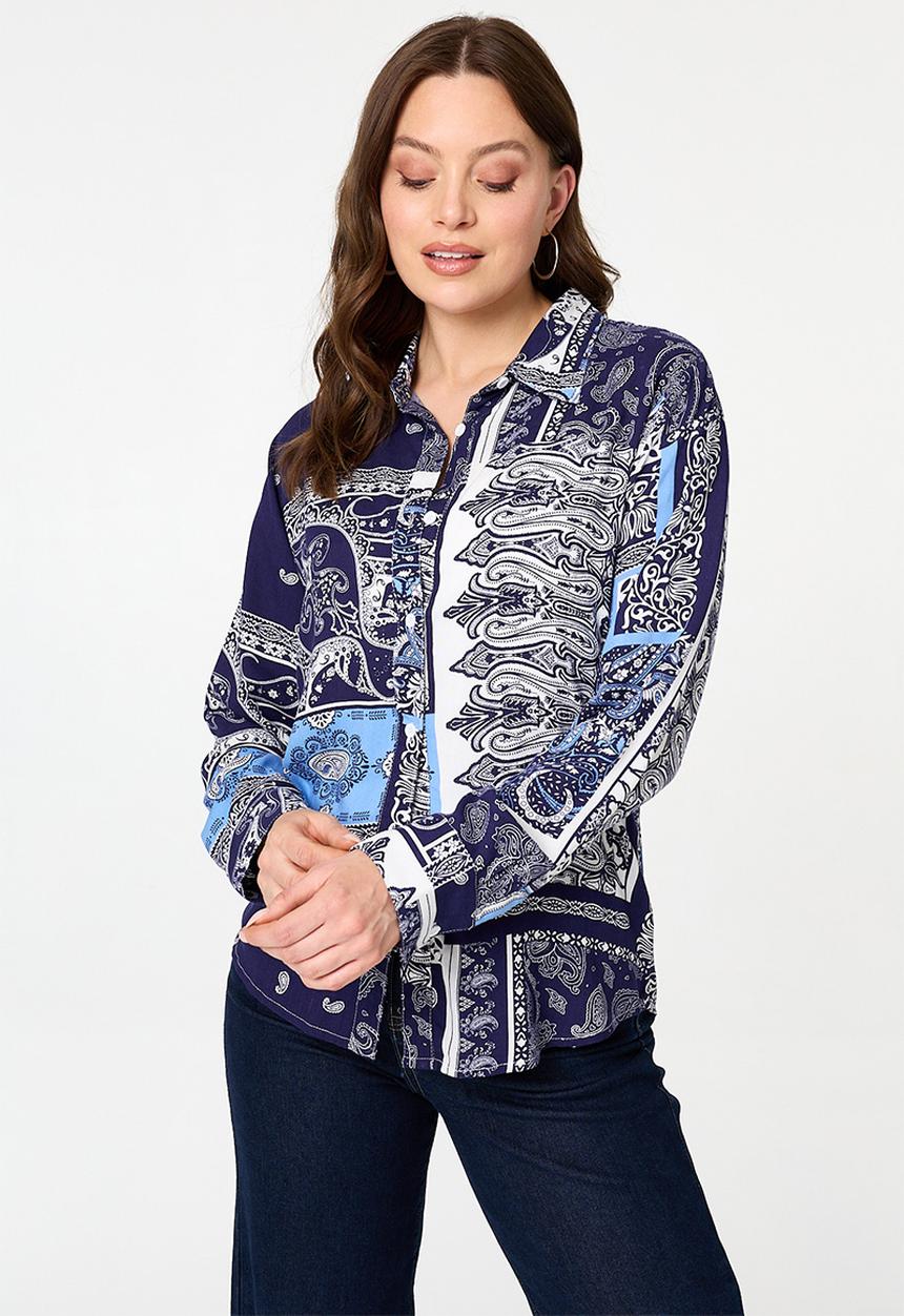Izabel London - L/S Button Through With Collar Hankerchief Print Top - Navy