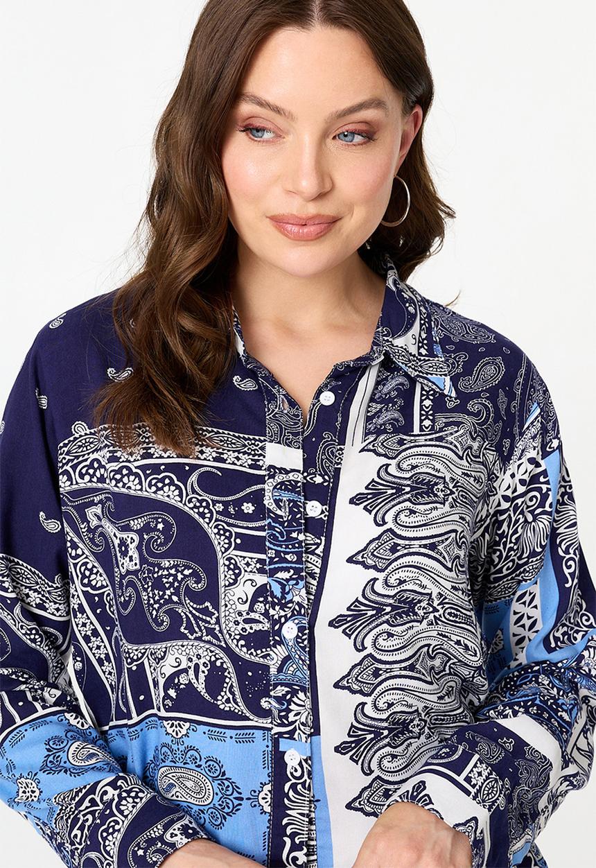 Izabel London - L/S Button Through With Collar Hankerchief Print Top - Navy