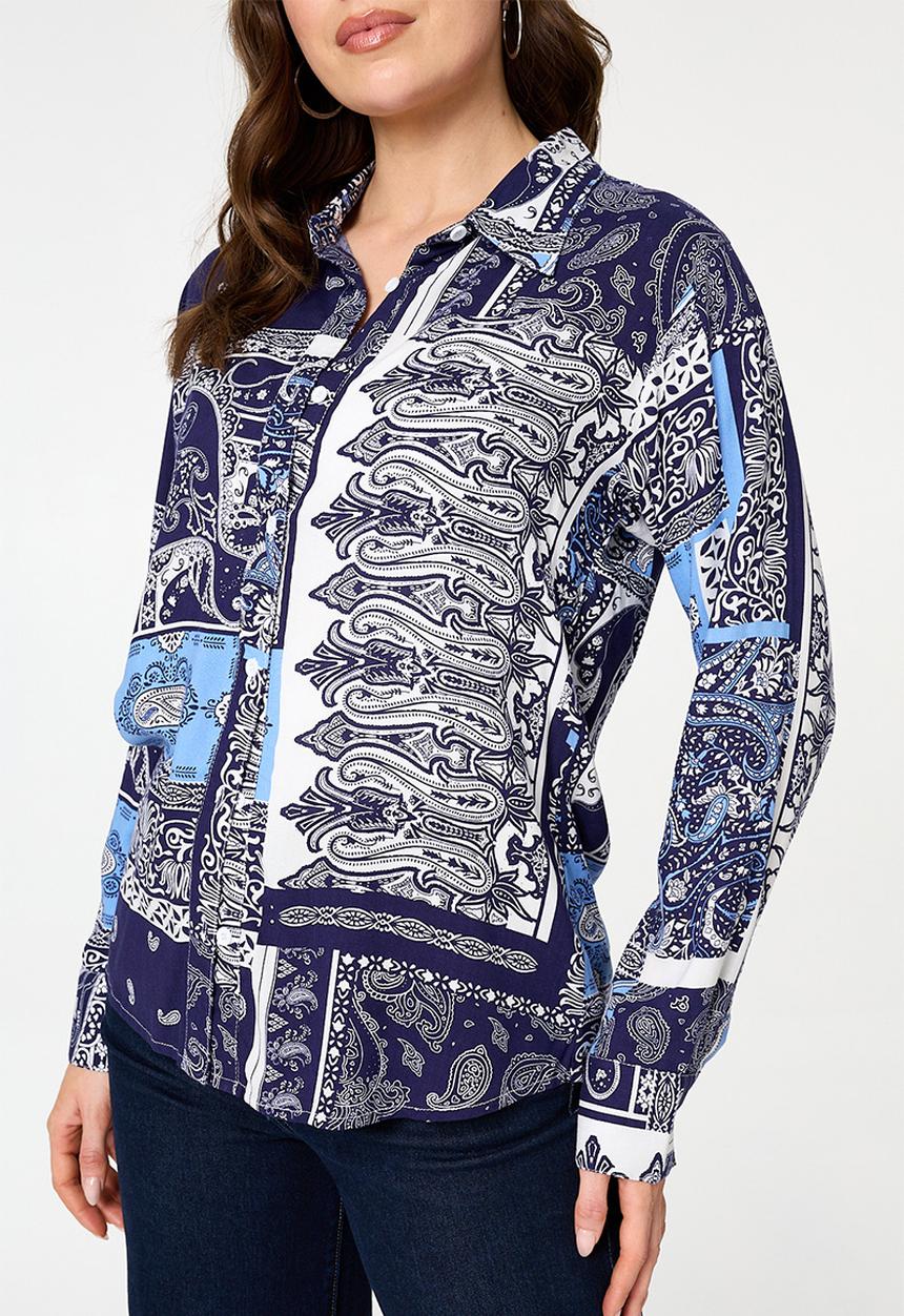 Izabel London - L/S Button Through With Collar Hankerchief Print Top - Navy