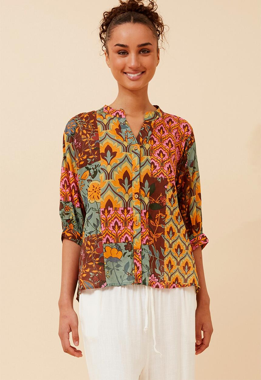 MANDI - Half Sleeve Batwing Easy Wearing Printed Sheer Blouse  - Multi Sage