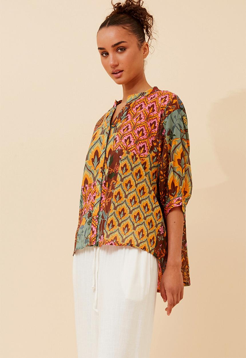 MANDI - Half Sleeve Batwing Easy Wearing Printed Sheer Blouse  - Multi Sage