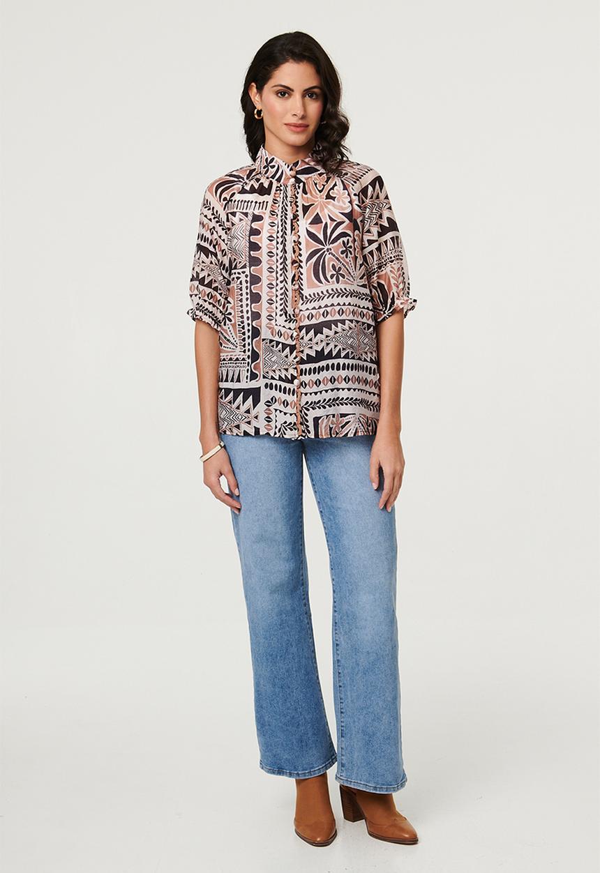 Izabel London - S/S With Elastic Button Through With Embroidery Detail Down Placket - Multi Brown