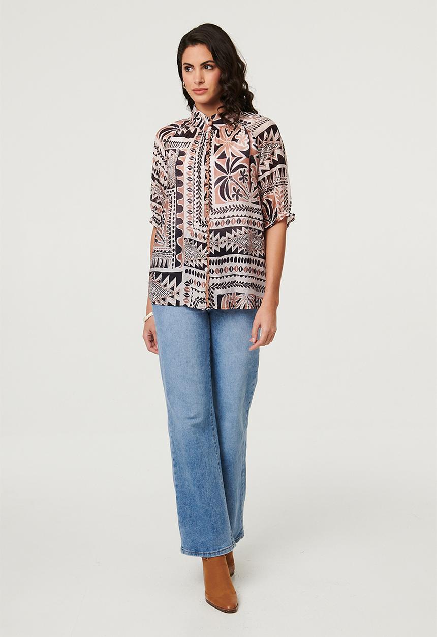 Izabel London - S/S With Elastic Button Through With Embroidery Detail Down Placket - Multi Brown