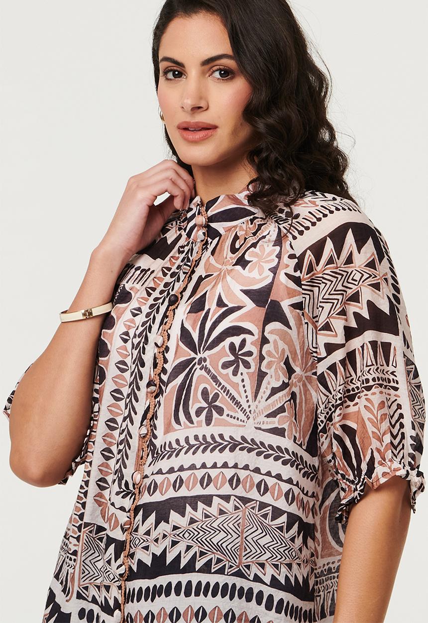 Izabel London - S/S With Elastic Button Through With Embroidery Detail Down Placket - Multi Brown