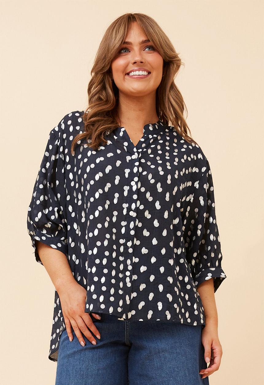 Izabel London - Half Sleeve Batwing Easy Wearing Printed Sheer Blouse With Back Button Stand Detail - Navy