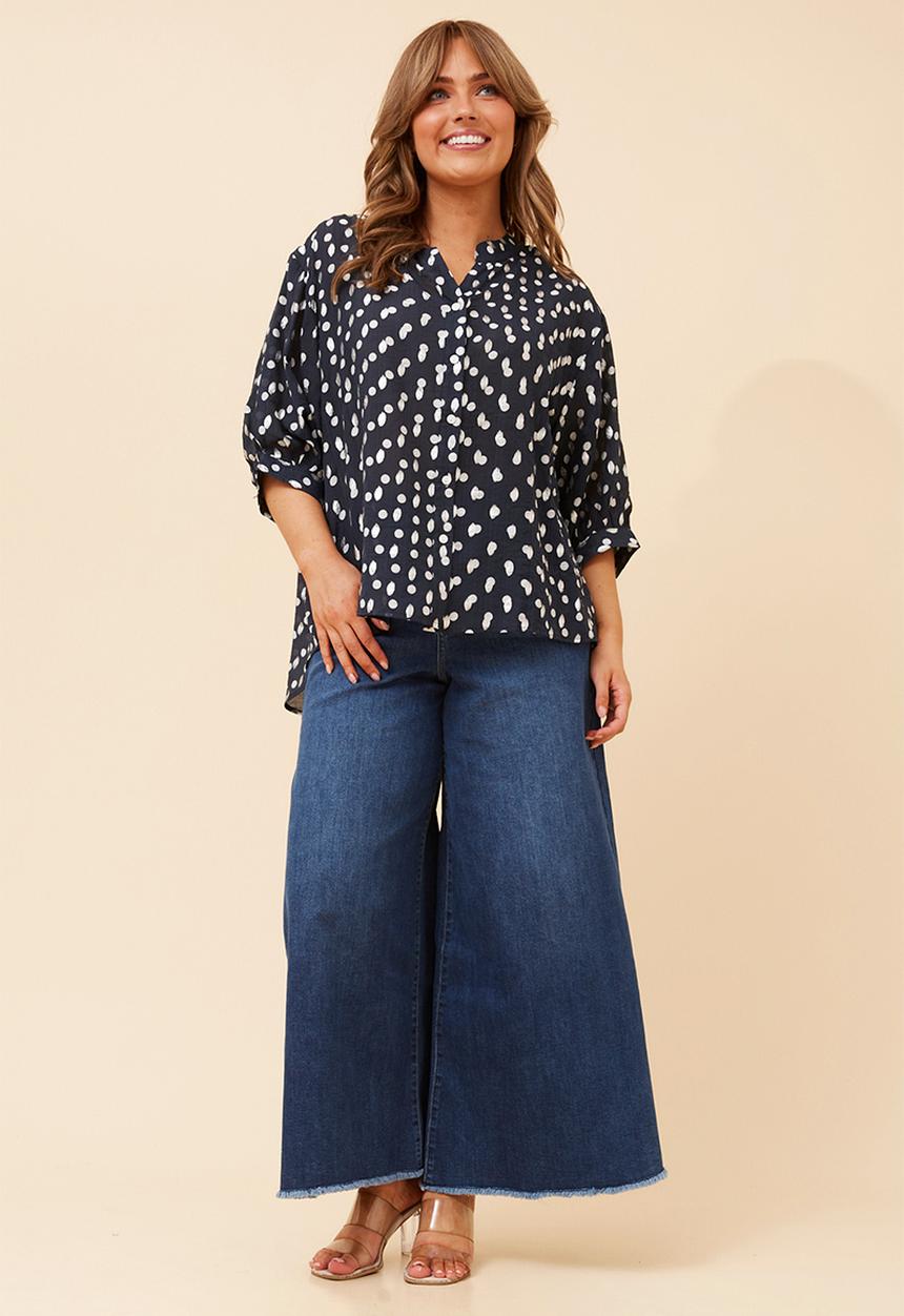 Izabel London - Half Sleeve Batwing Easy Wearing Printed Sheer Blouse With Back Button Stand Detail - Navy